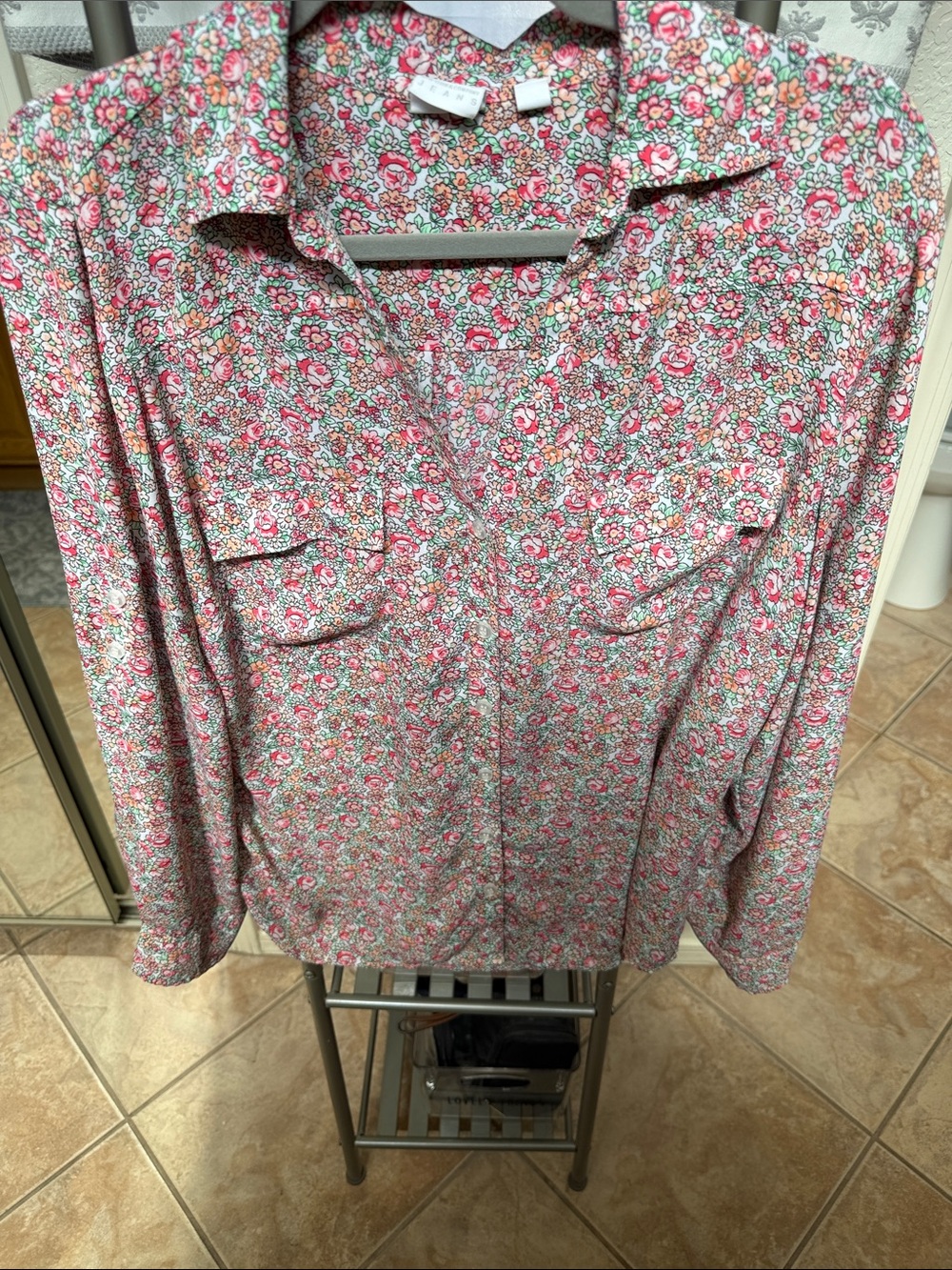 New York & Company Pink and Green Floral Button-Down Shirt